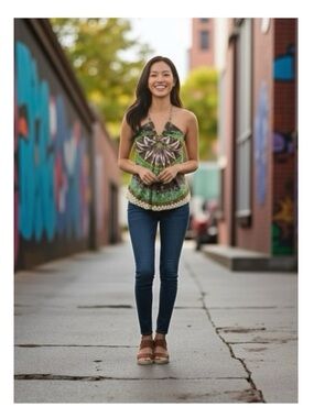 aso TV’s 90210 ✦ Sky ✦ Jeweled Neck Bold Print Silk Halter Top ✦ Braided Straps